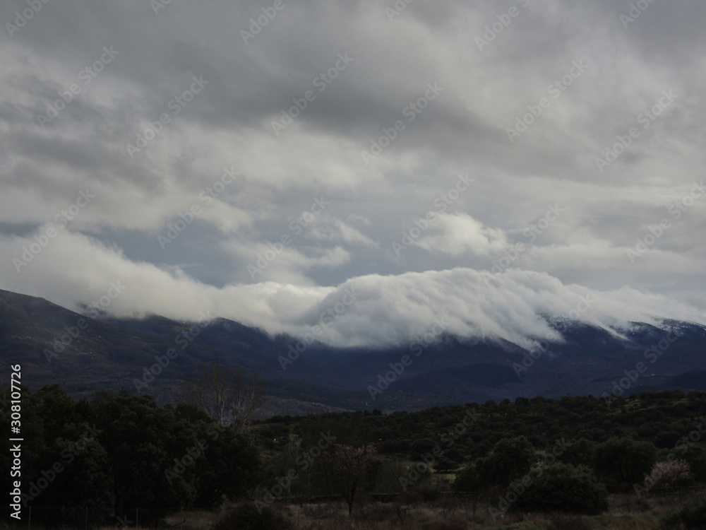 Clouds over the mountains of the Sierra de Gredos. Avila Castile and Leon Spain