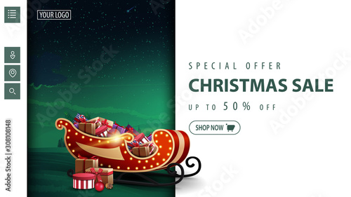 Special offer, Christmas sale, up to 50% off, white and green modern discount banner for website with and tinted winter landscape and Santa Sleigh with presents