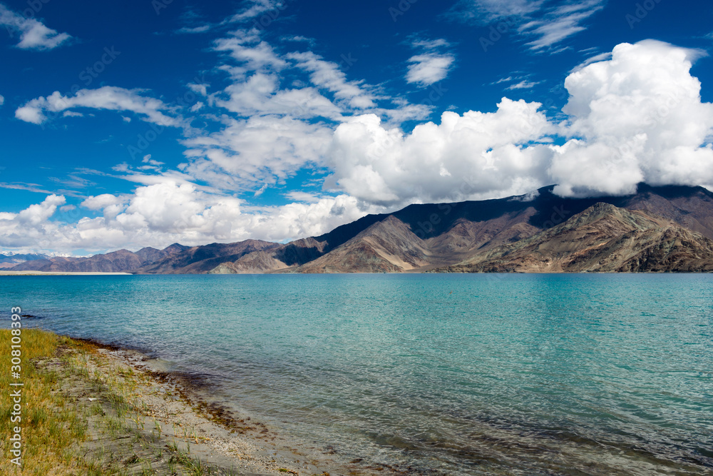 Ladakh, India -Aug 06 2019 - Pangong Lake view from Between Kakstet and Chushul in Ladakh, Jammu and Kashmir, India. The Lake is an endorheic lake in the Himalayas situated at a height of about 4350m.