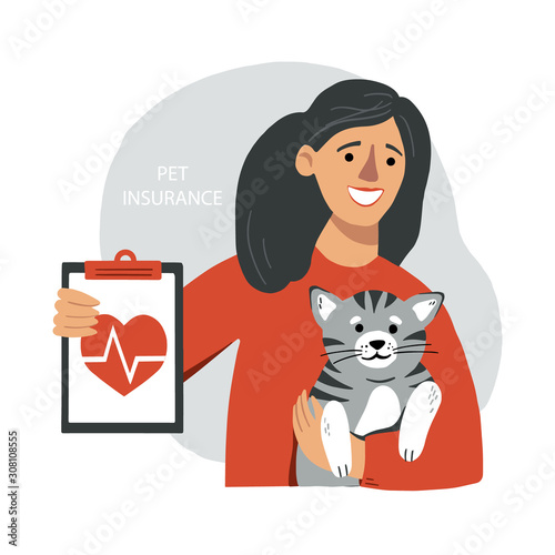 Woman holding pet ainsurance blank and a cat vector illustration