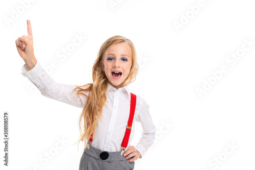 European girl shows a finger on a white background