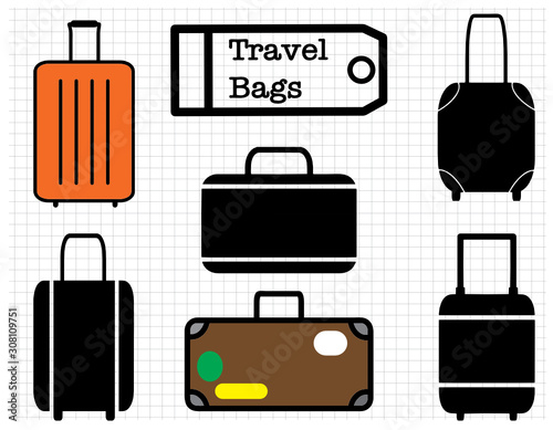 A set of vector suitcase and luggage icons in varying styles
