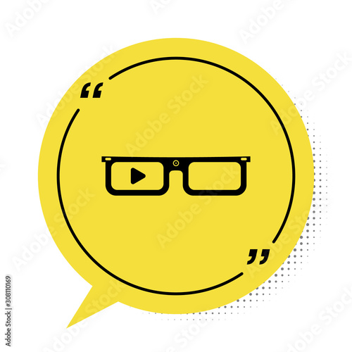 Black Smart glasses mounted on spectacles icon isolated on white background. Wearable electronics smart glasses with camera and display. Yellow speech bubble symbol. Vector Illustration