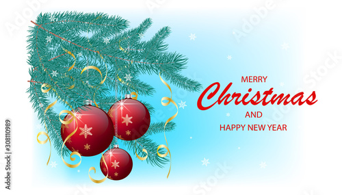 Vector illustration. Christmas Greeting Card with the image of spruce of sprigs, snowflakes, Christmas balls with highlights and gold ribbons, with text, Merry Christmas and Happy New Year