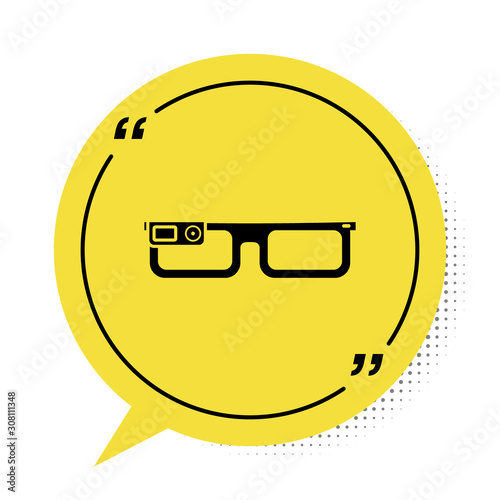 Black Smart glasses mounted on spectacles icon isolated on white background. Wearable electronics smart glasses with camera and display. Yellow speech bubble symbol. Vector Illustration