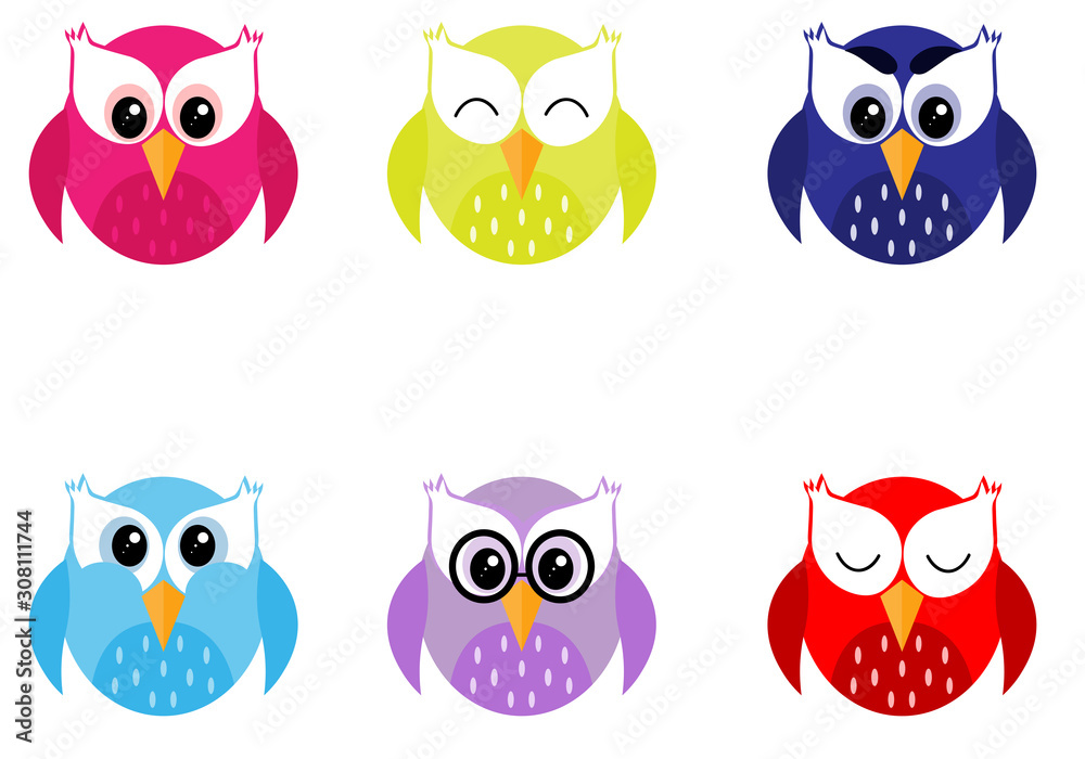 icons of colorful owls with different emotions icons of colorful owls with different emotions