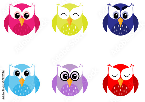 icons of colorful owls with different emotions