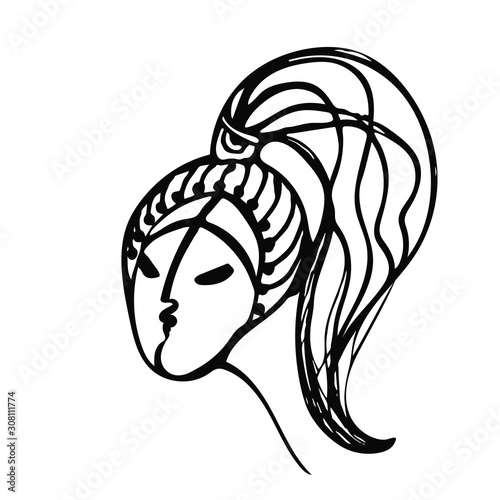 Hand drawn line art vector, girl face icon, women on white isolated background for use in design, doodle illustration, fashion, logo, postcard
