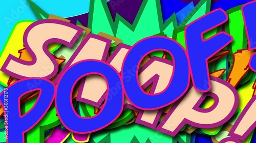 Different colored Comic speech words layered on top of each other. Bright dynamic cartoon illustrations in retro pop art style, computer generated. 3d rendering comic design photo