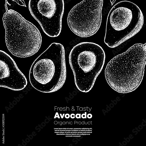 Avocado hand drawn illustration. Avocado frame. Sketch vector illustration. Can used for packaging design.