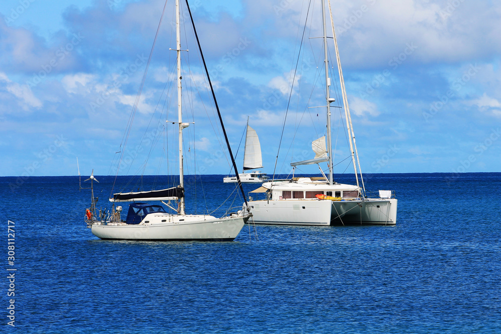 Sailboats on the Caribbean sea, off the coast of St. Lucia, West Indies