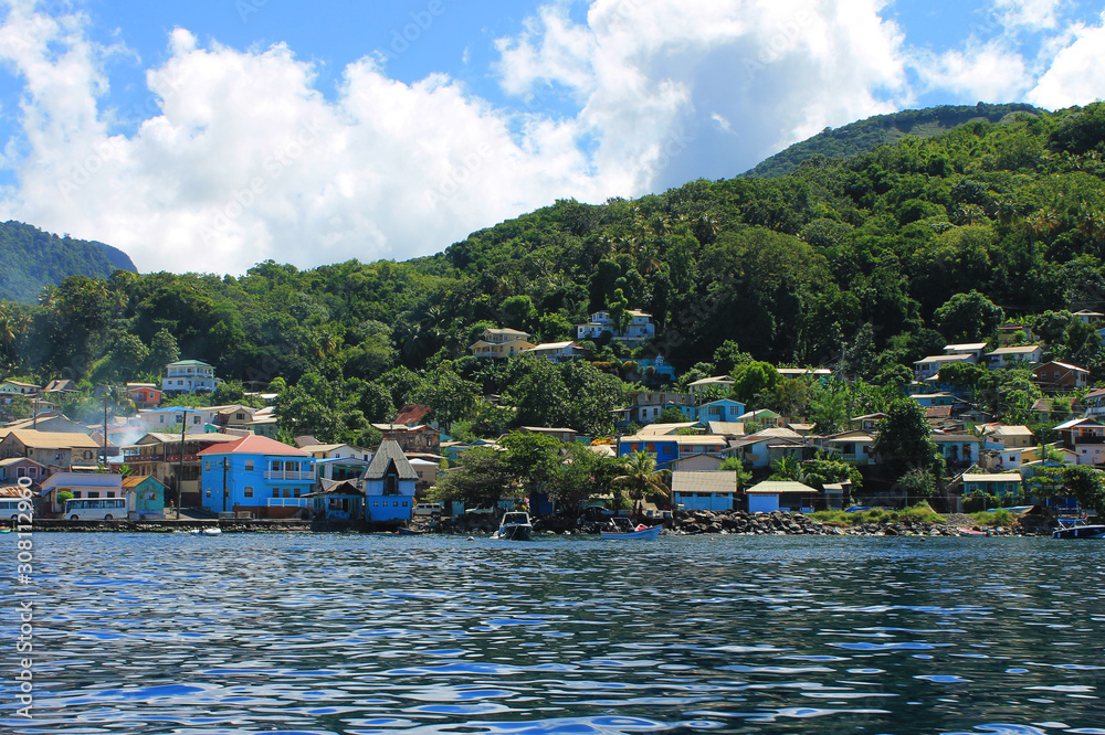 View of the town of Soufriere from the harbor, St. Lucia, West Indies View of the town of Soufriere from the harbor, St. Lucia, West Indies