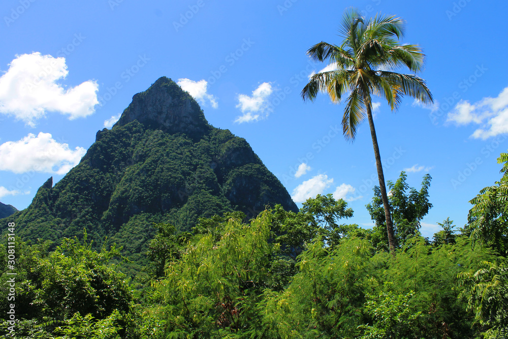 View of the Pitons, the mountains on the rim of a caldera volcano, St. Lucia, West Indies