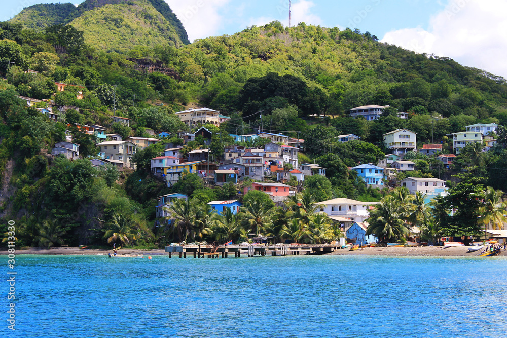 Houses and buildings along the shore and in the hills, St. Lucia, West Indies