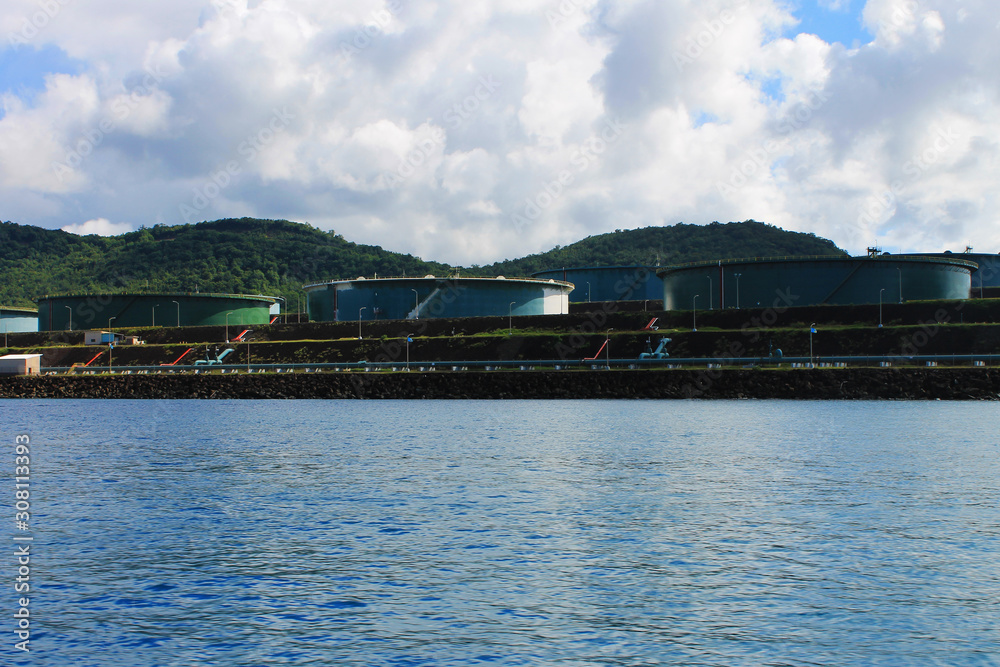 Oil storage tanks along the shore, St. Lucia, West Indies Oil storage tanks along the shore, St. Lucia, West Indies