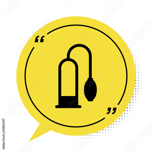 Black Penis pump icon isolated on white background. Penis enlarger. Sex toy for men. Vacuum pump with a blower to increase the penis. Yellow speech bubble symbol. Vector Illustration