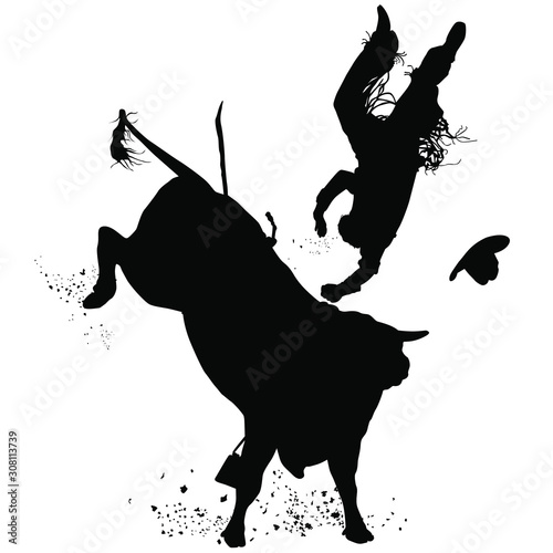 Vector silhouettes of a rodeo cowboy falling off of a bucking bull.