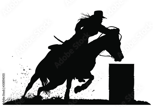 Canvas Print A vector silhouette of a rodeo cowgirl barrel racing.