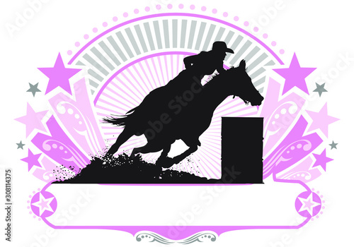 A vector silhouette of a rodeo cowgirl barrel racing.