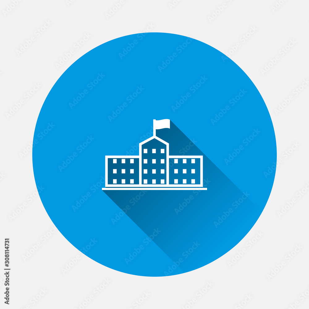 Vector icon of a business office building icon on blue background. Flat image with long shadow. Layers grouped for easy editing illustration. For your design. Vector icon of a business office building icon on blue background. Flat image with long shadow. Layers grouped for easy editing illustration. For your design.
