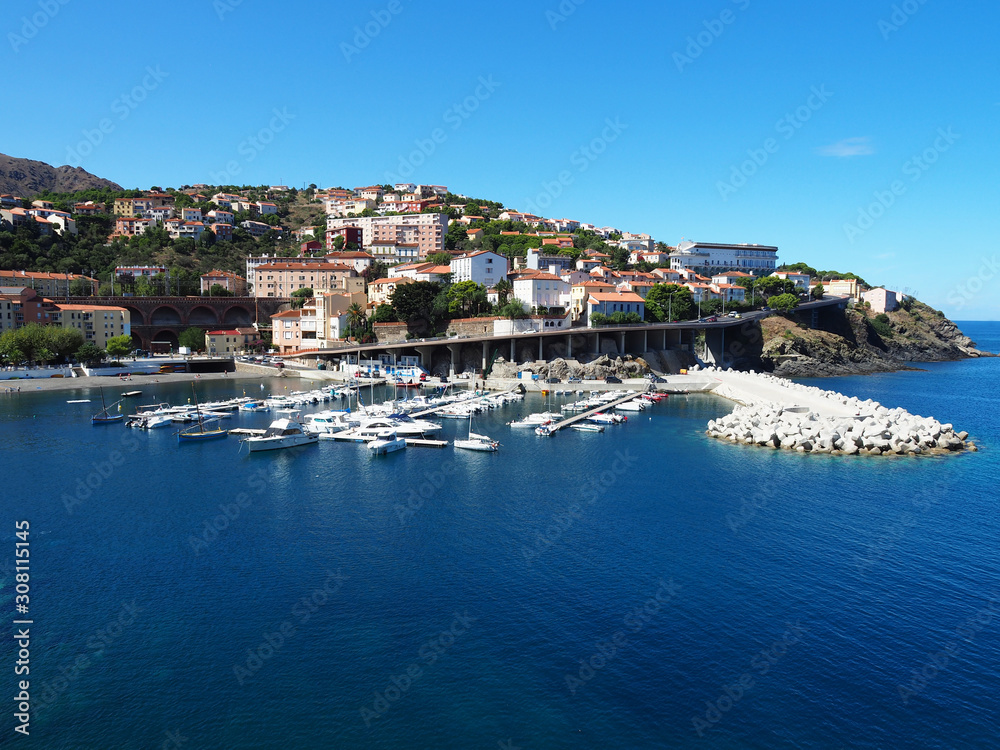 Landscape of the city and the harbor in Cerbere, France