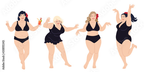 Dancing Plus Size Happy Women in Black Swimming Suits