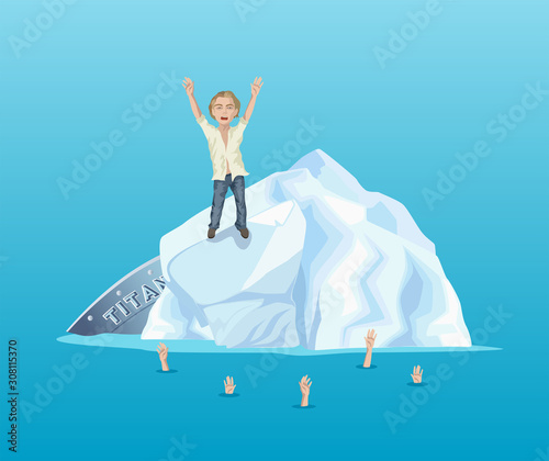 Sunken titanic and DiCaprio on iceberg 