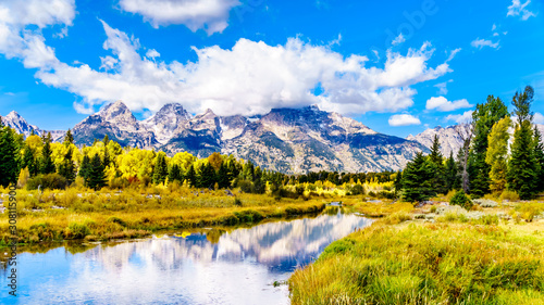 Reflections of the Grand Tetons Peaks in the waters of the Snake River at Schwabacher Landing in Grand Tetons National Park, Wyoming, United States