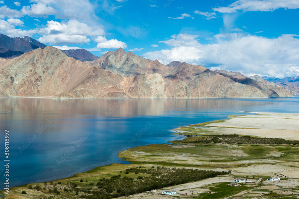 Ladakh, India - Aug 05 2019 - Pangong Lake view from Merak Village in Ladakh, Jammu and Kashmir, India. The Lake is an endorheic lake in the Himalayas situated at a height of about 4350m.