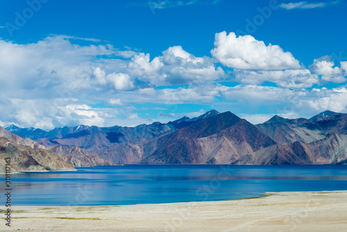 Ladakh, India - Aug 05 2019 - Pangong Lake view from Merak Village in Ladakh, Jammu and Kashmir, India. The Lake is an endorheic lake in the Himalayas situated at a height of about 4350m.