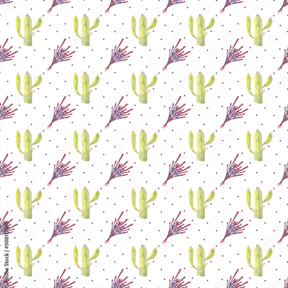 Seamless pattern of watercolor cactus and lavender on a white background. Use for invitations, birthdays, menus.