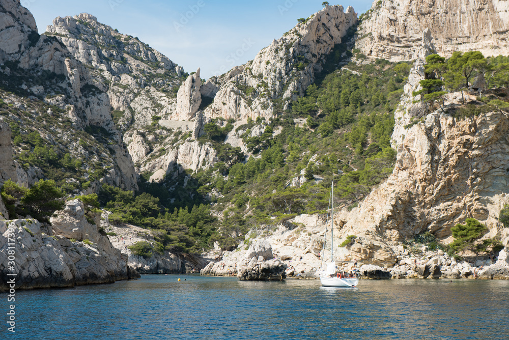 View of Calanques National Park near Cassis fishing village, Provence, South France