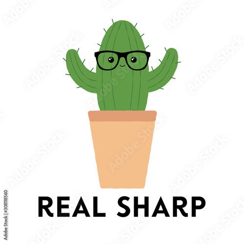 Vector illustration of a textured cactus with geeky glasses and typography. Real sharp. Funny houseplant concept.