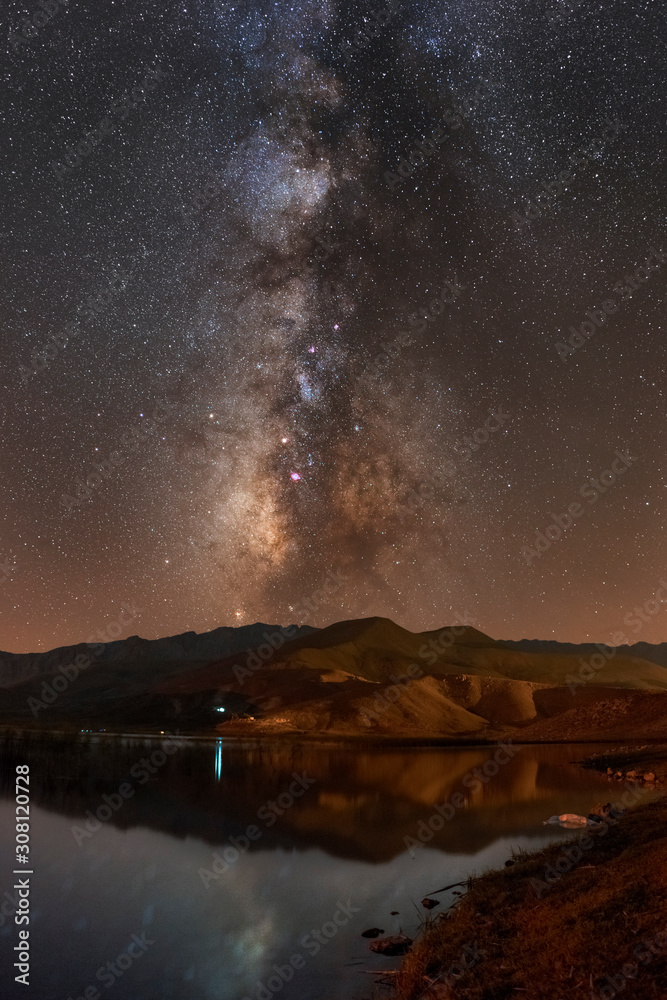 Long exposure of Milky way above desert with reflection in lake Long exposure of Milky way above desert with reflection in lake