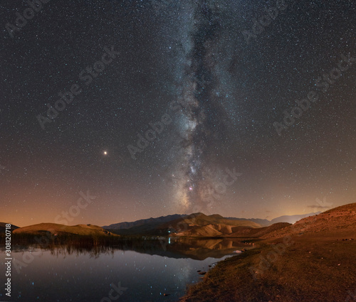 Long exposure of Milky way above desert with reflection in lake