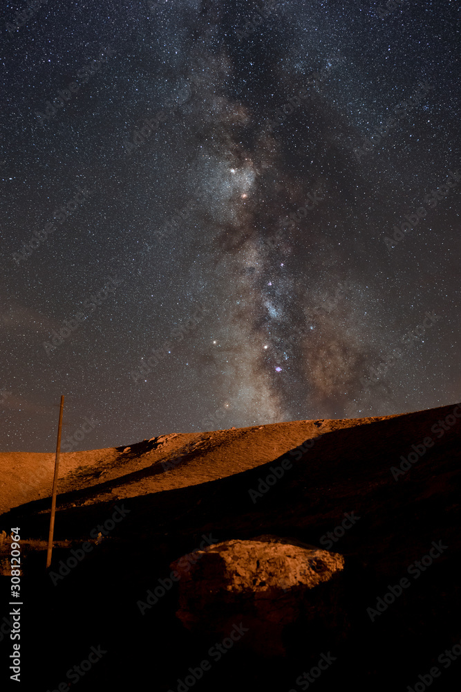 Beautiful detailed long exposure night photo of Milky Way, galaxies and constellations above mountains