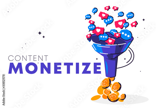 vector illustration of content monetization, funnel with social network icons, falling gold coins