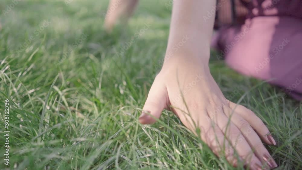 Girl’s hand moving over grass with. Slow motion magical soft light. Touching nature background, close up passing hand