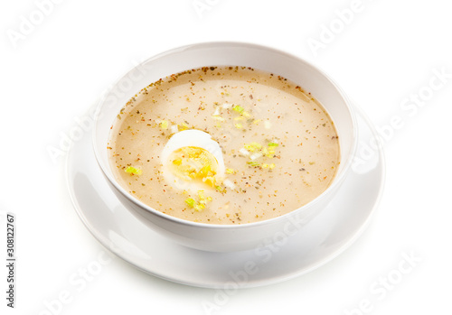  Sour rye soup on white background