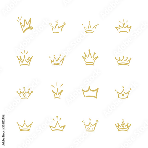 Crown logo hand drawn icon vector. Golden elements on a white background. Crowns with stars and hearts. Simple doodle flat style.