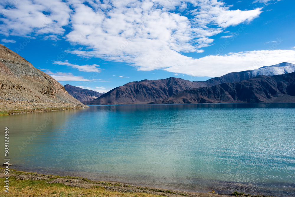 Ladakh, India - Aug 07 2019 - Pangong Lake view from Between Merak and Maan in Ladakh, Jammu and Kashmir, India. The Lake is an endorheic lake in the Himalayas situated at a height of about 4350m.