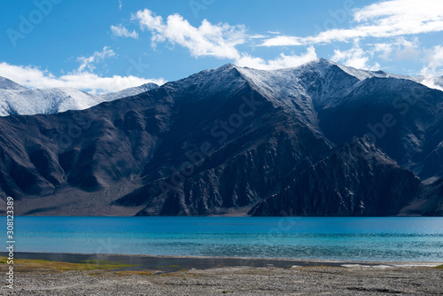 Ladakh  India - Aug 07 2019 - Pangong Lake view from Between Merak and Maan in Ladakh  Jammu and Kashmir  India. The Lake is an endorheic lake in the Himalayas situated at a height of about 4350m.