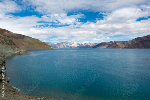 Ladakh, India - Aug 07 2019 - Pangong Lake view from Between Merak and Maan in Ladakh, Jammu and Kashmir, India. The Lake is an endorheic lake in the Himalayas situated at a height of about 4350m. © beibaoke