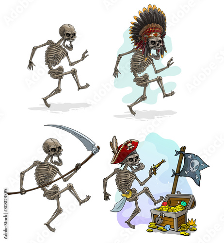 Cartoon detailed realistic colorful scary pirate indian chief and death skeletons with skulls, headdress, flag, treasure chest and scythe. Isolated on white background. Vector icon set.