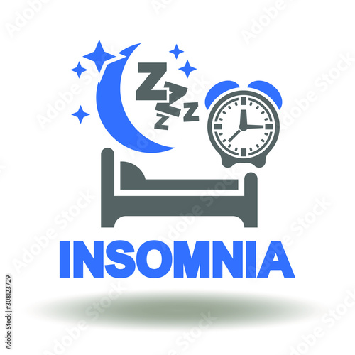 Insomnia logo. Bed Night Moon Stars ZZZ Alarm Clock Icon Vector. Sleep Disorder Symbol. Sleepy Tired Depression Sign.