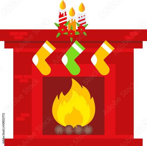 Christmas fireplace scene. Flat vector cartoon illustration.