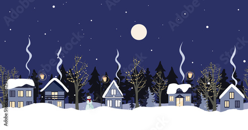 Night winter countryside seamless border. Fairytale winter vector illustration.