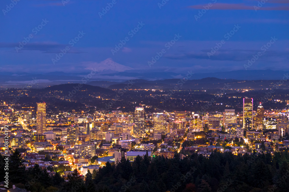 City skyline in Portland Oregon. Cityscape buildings downtown Portland Oregon at dusk during blue hour seen from Pittoack Mansion.