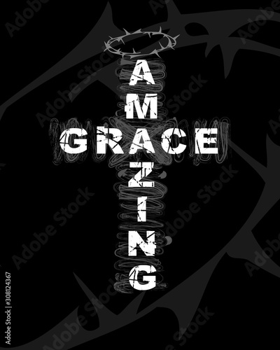 Amazing Grace - text on cross shape. Christianity quote for t-shirt design. Typography biblical poster, vector background