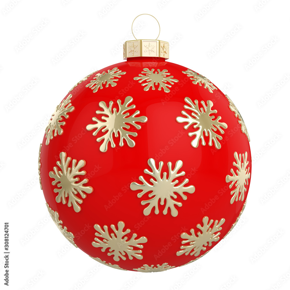 Red Christmas ball decorated with golden snowflakes. Isolated on a white background. 3D illustration Red Christmas ball decorated with golden snowflakes. Isolated on a white background. 3D illustration